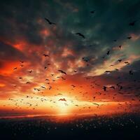 Dramatic flock of birds flying in the sunset, created with generative AI photo