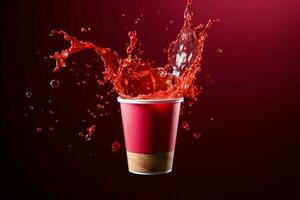 Red drink erupts joyfully from a vibrant paper cup, creating playful splashes AI Generated photo