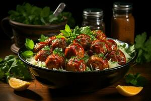 Deliciously tender meatballs bathed in a zesty tomato sauce, presented in a bowl AI Generated photo