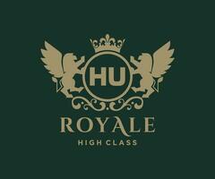 Golden Letter HU template logo Luxury gold letter with crown. Monogram alphabet . Beautiful royal initials letter. vector