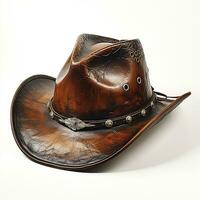 Brown leather cowboy hat isolated on white background, created with generative AI photo