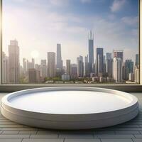 Empty trendy round podium against landscape background. Generative AI photo