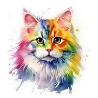 Cute watercolor cat in rainbow colors, isolated illustration on white background. Generative AI photo