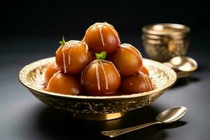 dulce felicidad gulab jamun, Leche establecido bola de masa hervida, un amado tratar para indio y pakistaní festividades ai generado foto