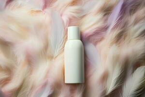 Branding mockup for spa cream bottle on a feathered background flat lay AI Generated photo