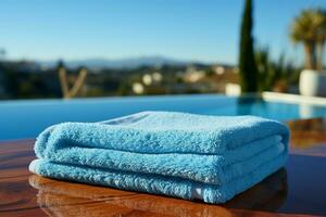 Sky blue washcloth laid on table beneath expansive blue sky serene and balanced AI Generated photo