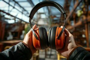 Closet showcases front view of headphones and hard hat hanging side by side. AI Generated photo