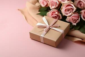Mother's Day theme Pink rose  kraft gift box on pink table backdrop. AI Generated photo