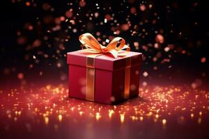 Gleaming red gift box, wide open. Sparkling brilliance and joyful anticipation. AI Generated photo