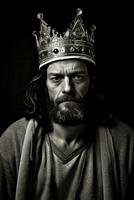 Wise king Handsome man with long hair and beard in crown looking at camera while standing against grey background, Generative AI photo