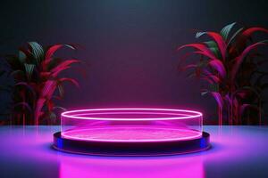 Highlight products in style with a neon lit cylinder podium for dynamic displays AI Generated photo