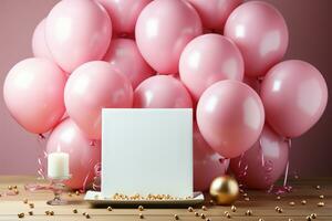 Pastel elegance top view of pink table, balloonbordered frame, confetti birthday delight AI Generated photo