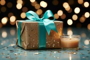 Festive charm Christmas gift box amidst turquoise bokeh backdrop, capturing holiday magic. AI Generated photo