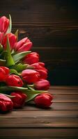 Array of red tulips against wooden backdrop open area for text Vertical Mobile Wallpaper AI Generated photo