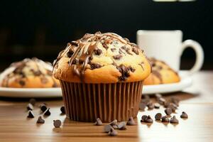 Mouthwatering chocolate chip muffin, a delectable treat for your taste buds AI Generated photo