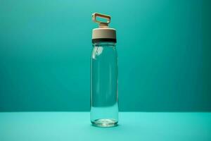 Outdoor sports essentials a water bottle on a vibrant blue backdrop AI Generated photo