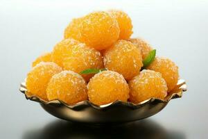 Tiny spheres Motichoor laddu, Indian sweet, a cluster of miniature flavor packed orbs AI Generated photo