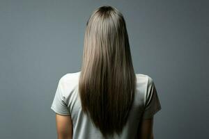 Graceful grooming Rear view shows healthy straight hair, combing, isolated on gray AI Generated photo