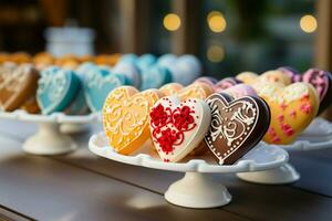 Colorful treats Heart shaped glazed cookies with floral designs on a wooden stand at a restaurant AI Generated photo