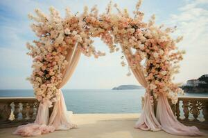 Romantic beachside vows Peach arch, blossoms, sea view, and vases of flowers AI Generated photo