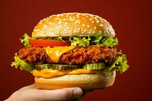 Yellow backdrop accents the delicious contrast of chicken and veggie burgers displayed AI Generated photo