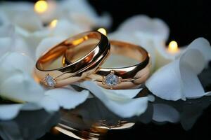 Familys love story portrayed through wedding rings, highlighted with selective focus photography AI Generated photo