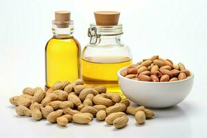 Isolated on white, peanut oil and whole peanuts create a natural composition AI Generated photo