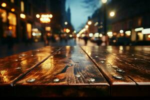 Bokeh lights from night street enhance wooden table against blurred restaurant background AI Generated photo