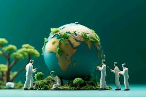 Miniature doctors and nurses check global health, promoting World Environment Day AI Generated photo