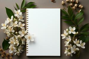 White background adorned with coffee, notepad, and fresh flowers AI Generated photo