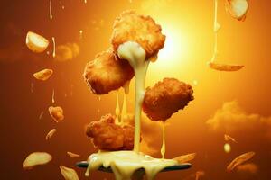 Levitating chicken nuggets adorned with cheese sauce in a whimsical, airborne feast AI Generated photo