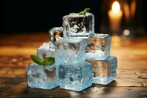 A carefully composed still life scene showcases an arrangement of pristine ice cubes AI Generated photo