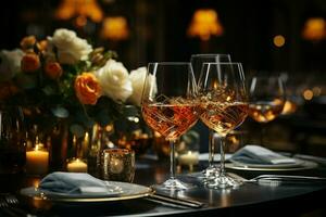 Elegant table settings for fine dining, crystal glassware, and a beautifully blurred background AI Generated photo