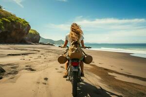 playa ligado ciclista posterior ver de un mujer con un tabla de surf en su bicicleta ai generado foto