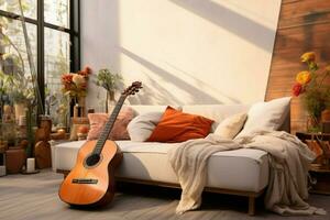 The living room's contemporary coziness enhanced by the presence of a guitar. AI Generated photo