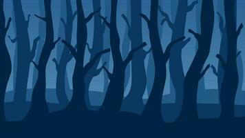 Vector illustration of spooky forest in the mist hill. Dead tree forest in the night. Forest landscape for background, wallpaper, or landing page. Landscape nature illustration with gradient style