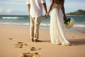 Blissful duo, hands entwined on Hawaiian beach, celebrating their just married journey AI Generated photo