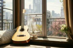 Classical serenity thrives in the heart of a modern city apartment with a guitar. AI Generated photo