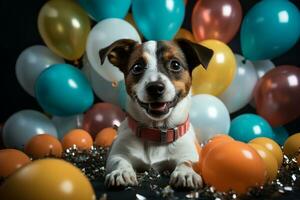 Surprising birthday Jack Russell wears tie, hat, holds balloons, cake white backdrop AI Generated photo
