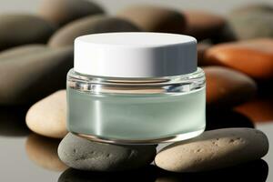 Mineral oasis white rock hosts skin care moisture container, a natural replenishing display AI Generated photo