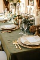Sage green holiday tablescape, formal dinner table setting, table scape with decoration for wedding party and event celebration, generative ai photo