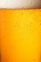Close-up glass of cold beer with foam as texture and background, post-processed, generative ai photo
