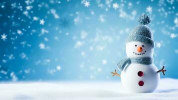 Funny snowman on Christmas holiday winter background, Merry Christmas and Happy Holidays wishes, generative ai photo