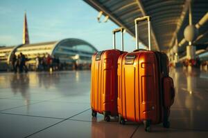 Departure lounge scene Suitcases against an airplane backdrop, signaling vacation AI Generated photo