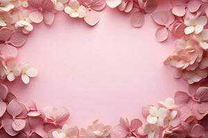 hortensia flor marco en rosado fondo, transporte amor en especial dias ai generado foto