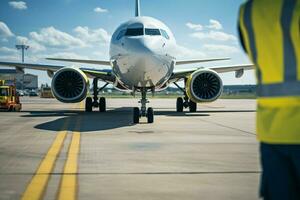 mantenimiento supervisor enfoques estacionado avión de línea en aterrizaje campo, visto desde detrás. ai generado foto