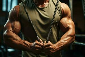 A cropped close up of a bodybuilders muscular arms during cable crossover exercise AI Generated photo