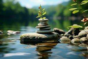 Serene Zen oasis, spiritually uplifting, balanced stone art, tranquil nature ambiance  AI Generated photo