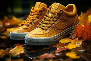 Autumn lifestyle  Sneakers on foliage, blending fashion with the seasons natural charm AI Generated photo