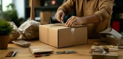 Precise packaging  Close up portrays skilled hands carefully arranging contents inside a box. AI Generated photo